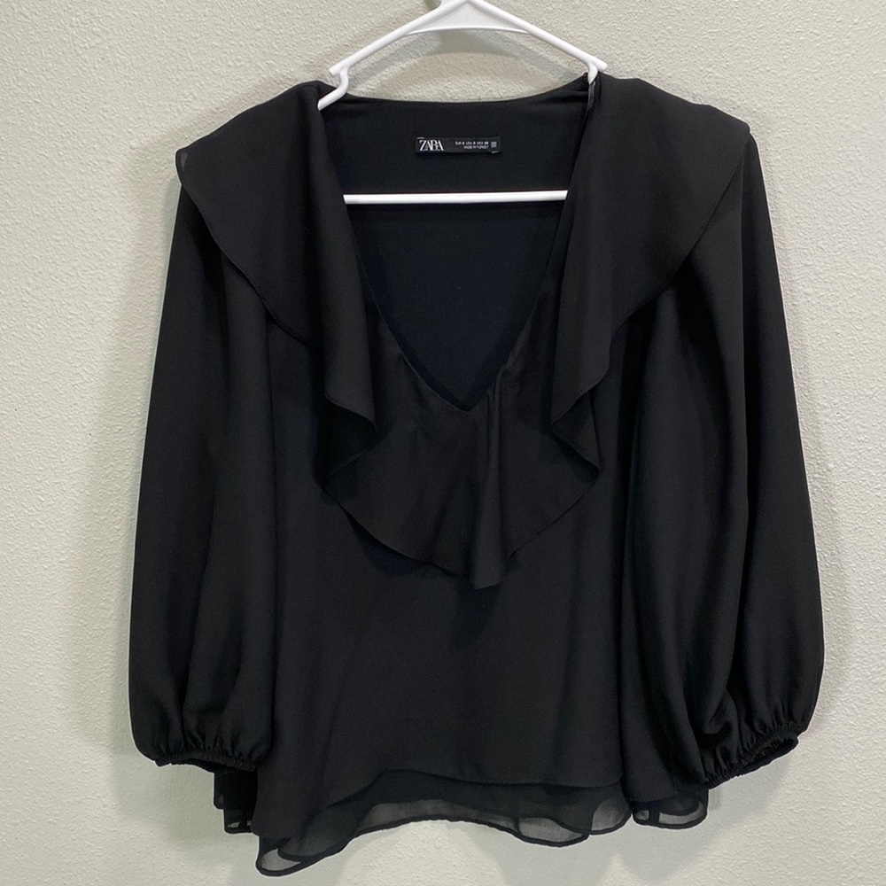 Zara black‎ v neck blouse ruffle around neckline